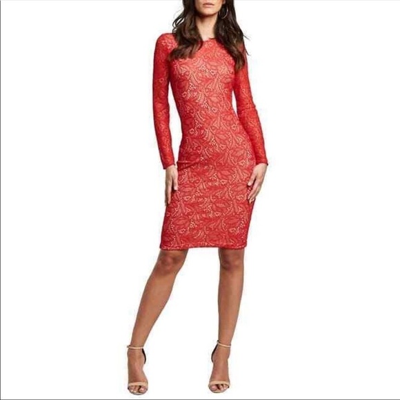 Bardot Rini Lace Long Sleeve Open Back BodyCon Fire Engine Red Dress Size 8 - Picture 1 of 9